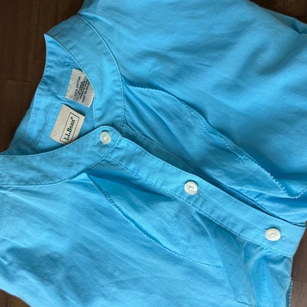 LL Bean Womens Ruffle‎ Front Button Up Short Sleeve Top Blue Size S REG